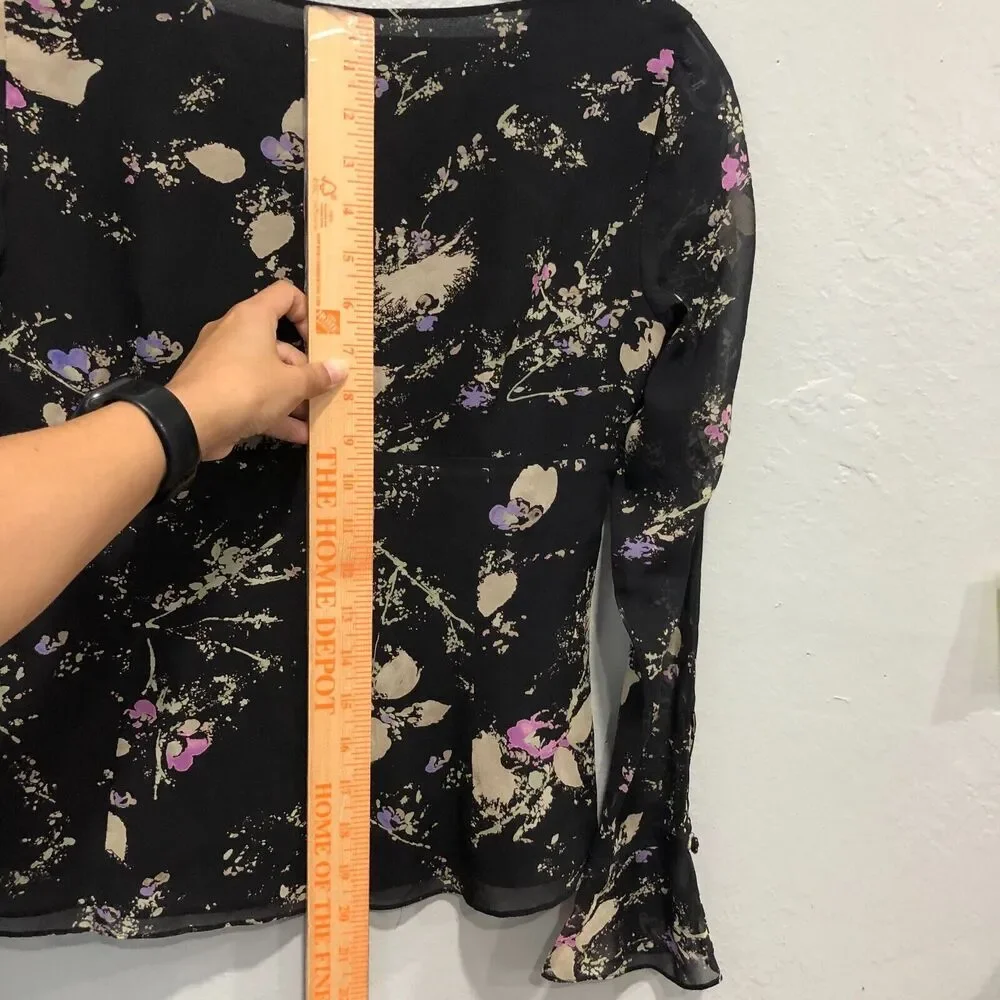 ann taylor 100% silk top xs small black leaves splat sheer chiffon dressy chic - Picture 11 of 14